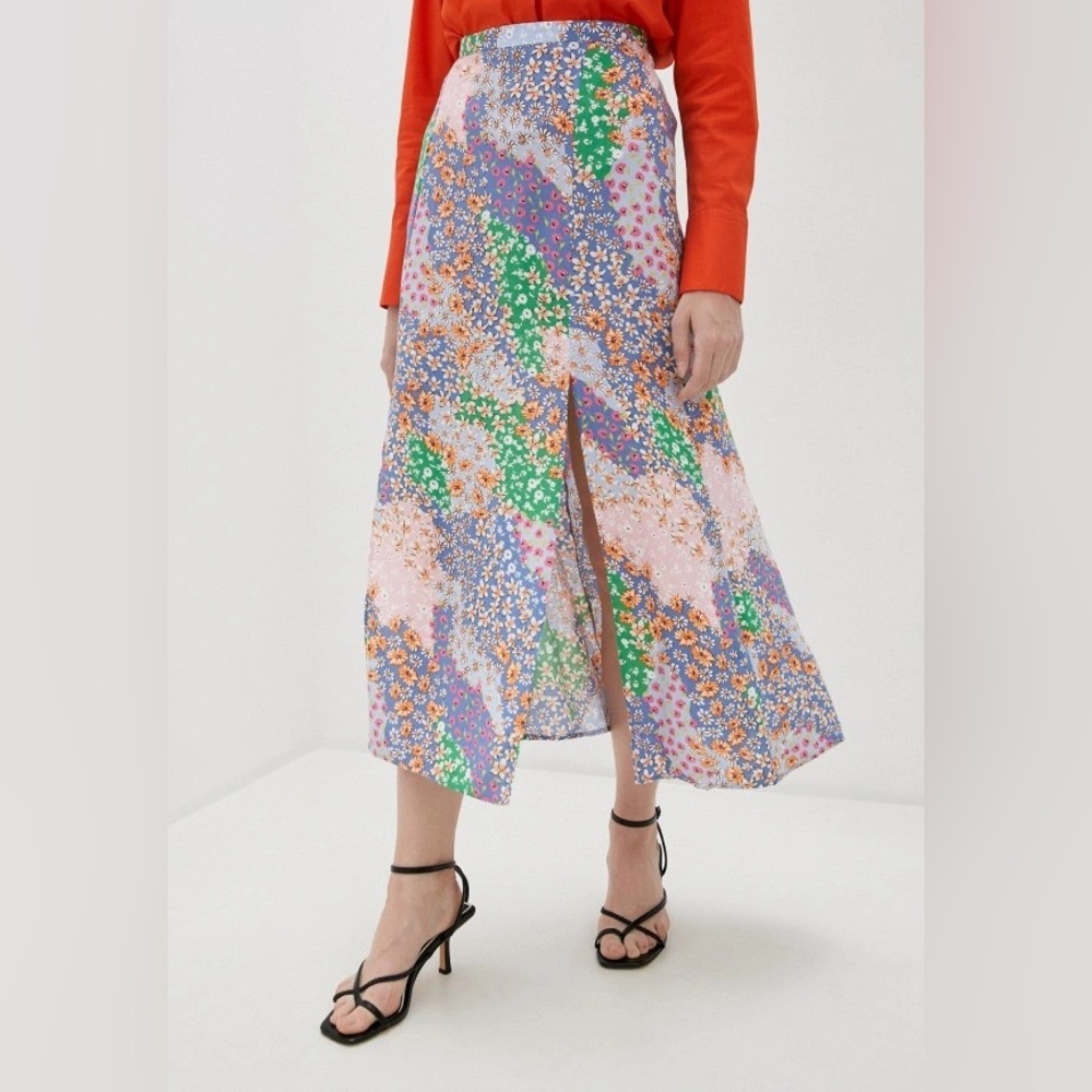 NEW Topshop Women Austin Patchwork Floral‎ Skirt 6 Blue Pink Side Slits Picnic